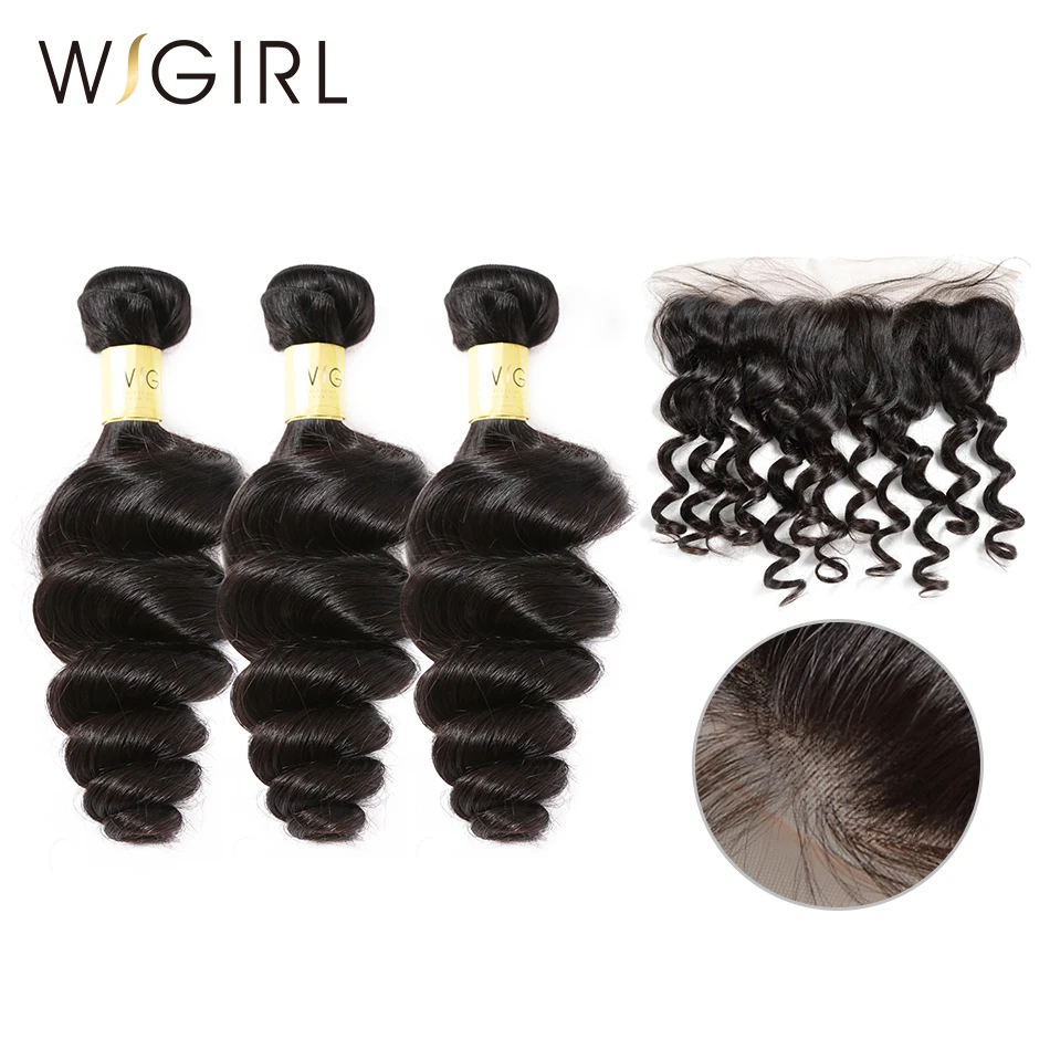 Wigirl свободная волна 8-28 дюймов 3 пучка Remy человеческие волосы пучки с 13x4 Кружева Фронтальная Закрытие отбеленные узлы