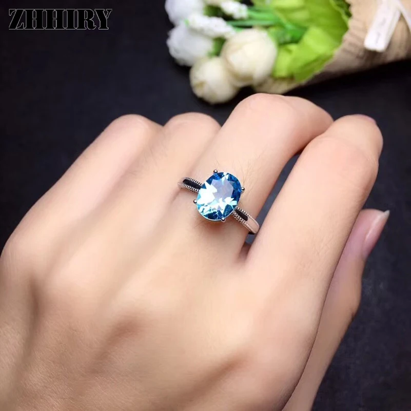 ZHHIRY подлинное натуральное кольцо с голубым топазом для женщин 925 пробы серебряные кольца с драгоценными камнями ювелирные украшения