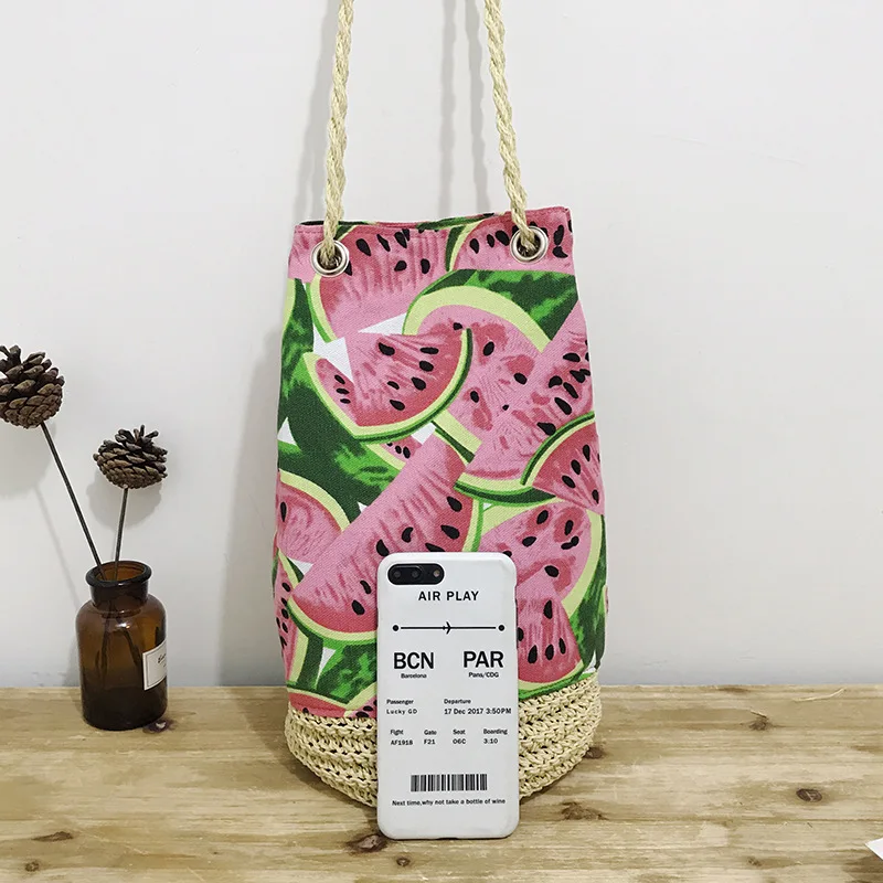 Fashion 2018 New Internet Red Recommended Korean Watermelon Bag Summer Weaving Straw Holiday Bucket Women | Багаж и сумки