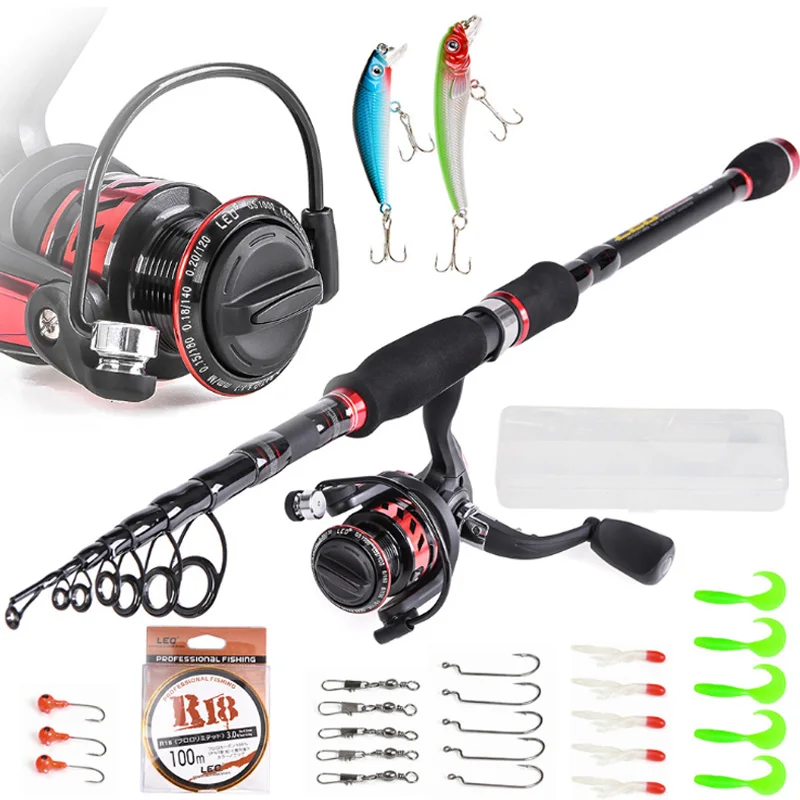 1.8m 2.1m 2.4m2.7m 3.0m Carbon shrink road subrod set 1.8-3.0m rod and Spinning  Reel with Fishing Lure Line Box Set Fishing Rod
