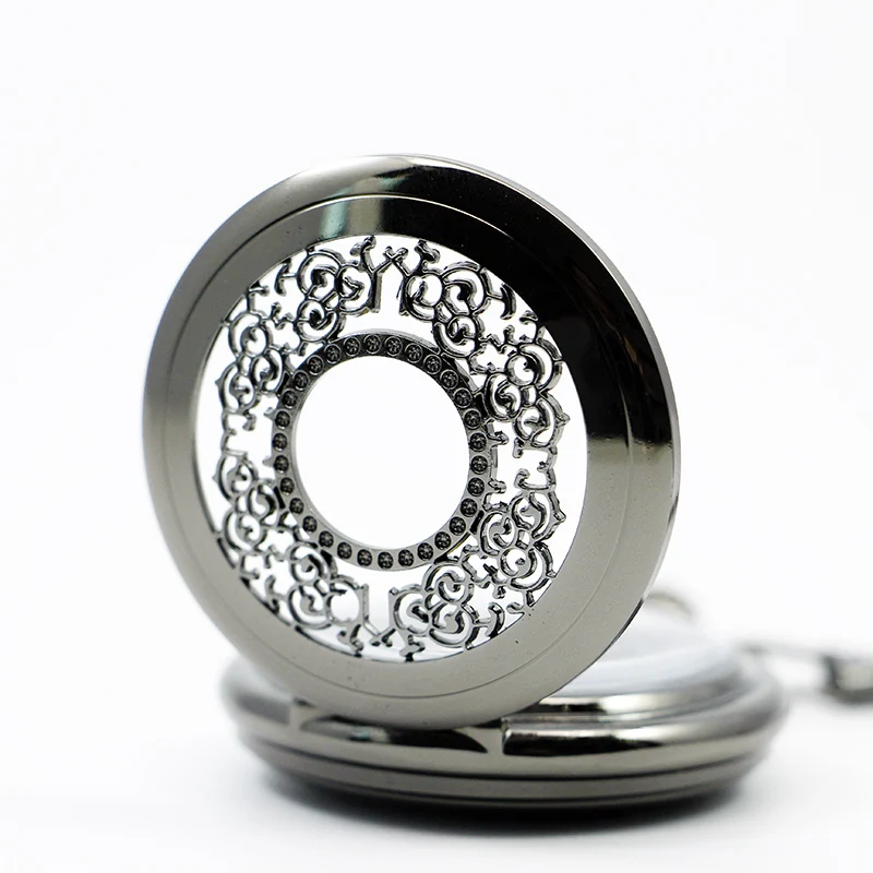 Black Exquisite Pattern Hollow Relief Fashion Mechanical Pocket Watch Retro Roman Numerals Steampunk Fob Chain Men's Watch