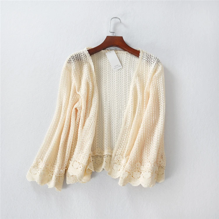 Summer flare sleeve loose hollow out lace cardigan embroidery short crop top shirt open stitch for women |