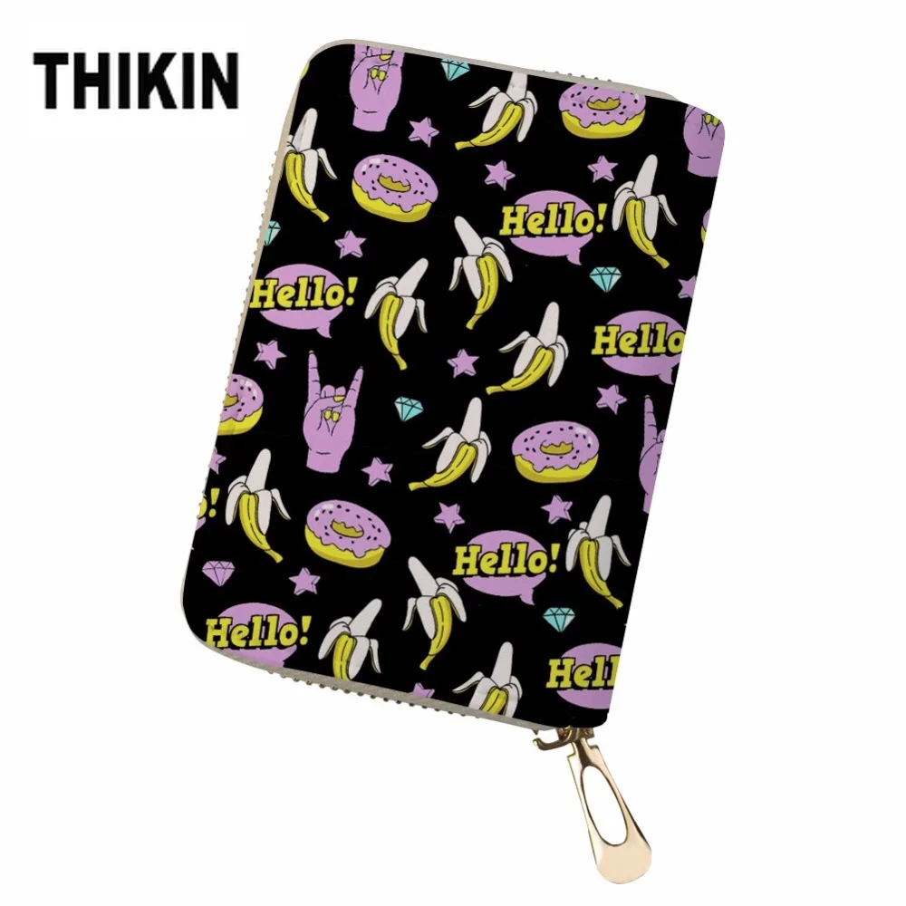 THIKIN Funny Banana Yellow Print PU Leather Kaarthouder Cards Holder Canta Bag Women Zipper Credit ID Card Organizer Customized | Багаж и