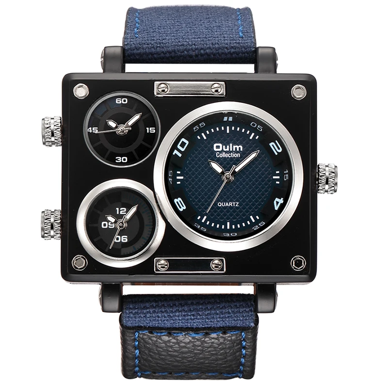 

Oulm Watch Top Band Blue Fabric Watch Band Multiple Time Zone Display Quartz Men Watch Square Clock Men relogio masculino
