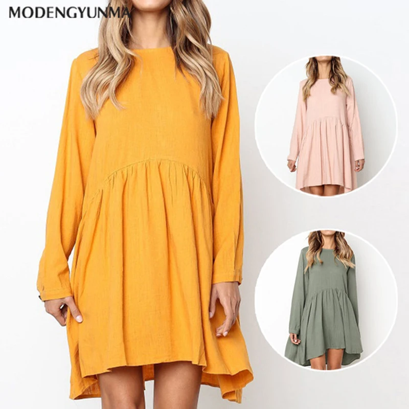 Винтажное женское повседневное свободное платье с длинным рукавом богемное