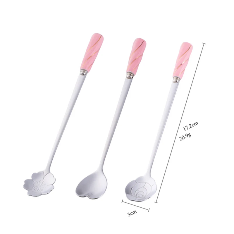 3 pcs Pink-Sliver 3 шт цветок ложка набор Нержавеющая сталь Кофе ложка с длинной Керамика ручка Ice Чай десерт смешивания перемешивание ложка посуда - Цвет: 3 pcs Pink-Sliver