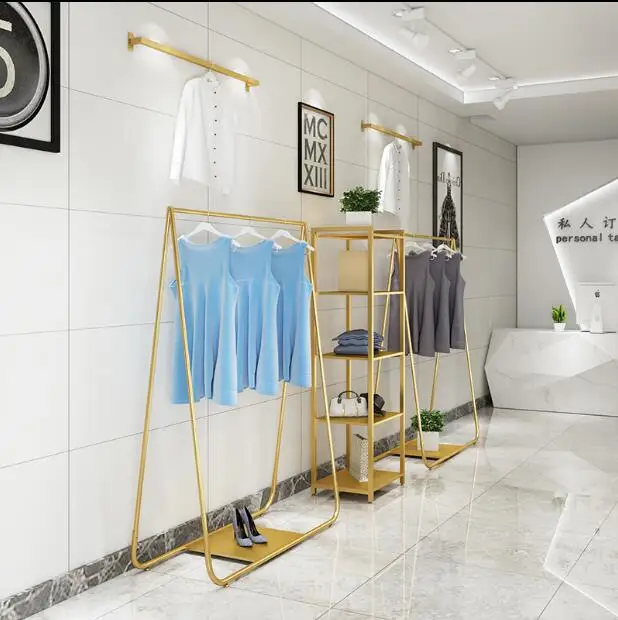 Clothing Shop Shop Show Rack Ground Combination Golden Clothing Rack Creative Iron Female Clothing Rack Hanging Clothes Rack
