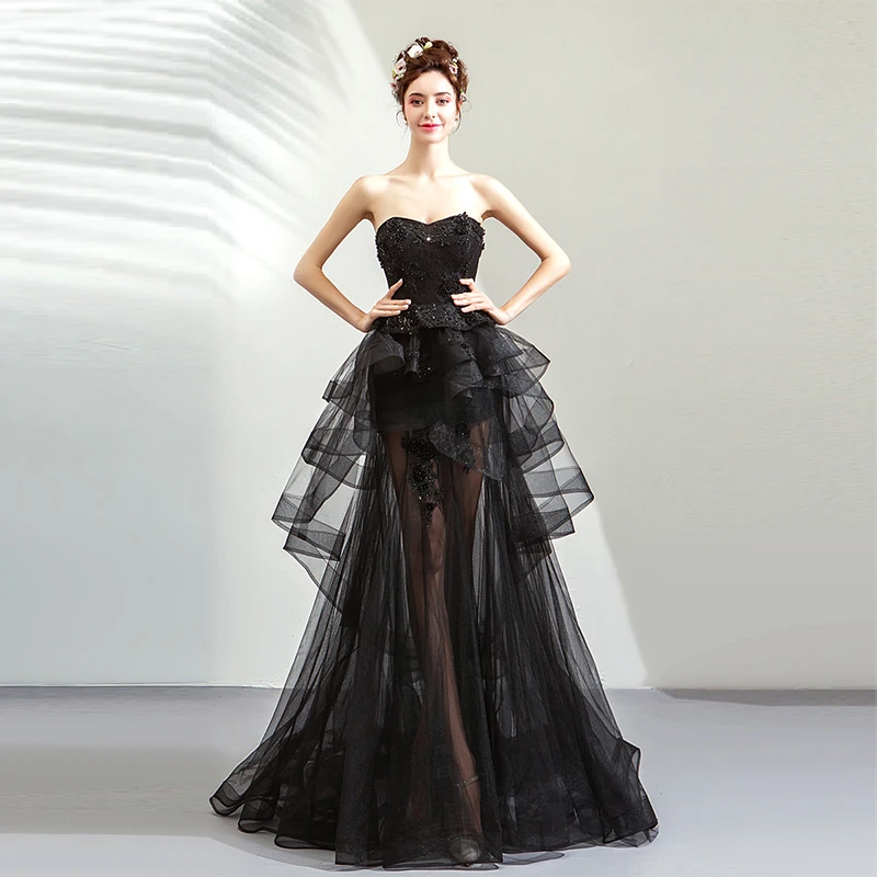 Sexy Black Prom Dresses Sweetheart Neckline See Through Tiered Skirt Formal Party 2019 New Special Occasion Gowns | Свадьбы и