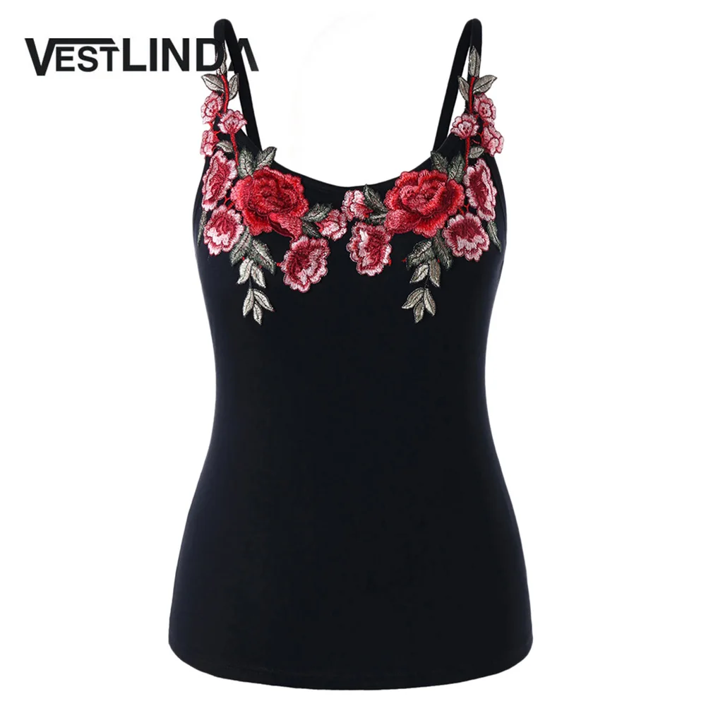 Майка VESTLINDA женская с вышивкой топ для фитнеса на бретелях спагетти черный цвет