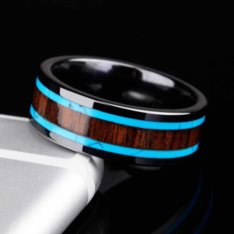 Керамическое кольцо для мужчин черное шириной 8 мм с полированной инкрустацией