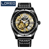 loreo golden black skeleton clock two circles mechanical watches for men black genuine leather luminous automatic watch mens