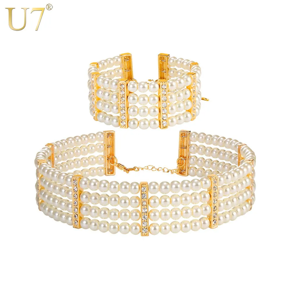 U7 Имитация Бусы Жемчуг Ожерелье Браслет со Стразами Комплект Ювелирных Изделий