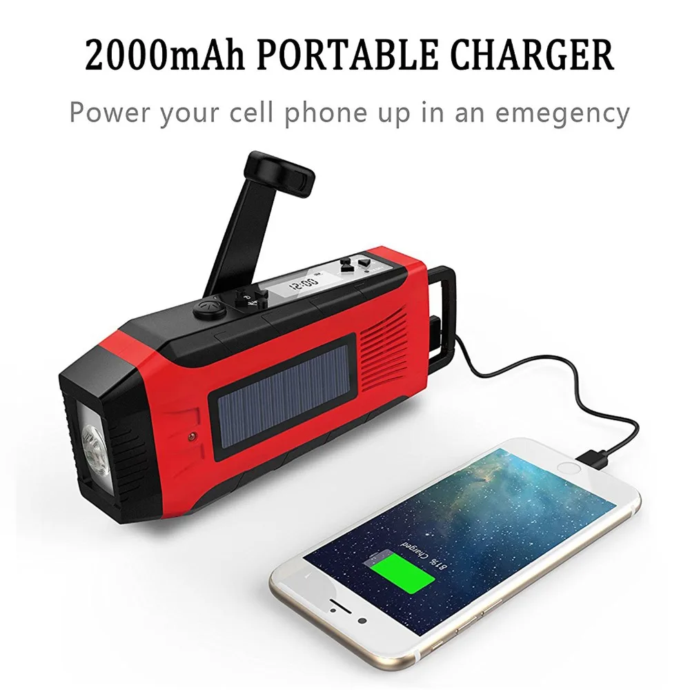 Ручное Зарядное устройство для телефона Динамо солнечное радио 2000 мАч аварийное