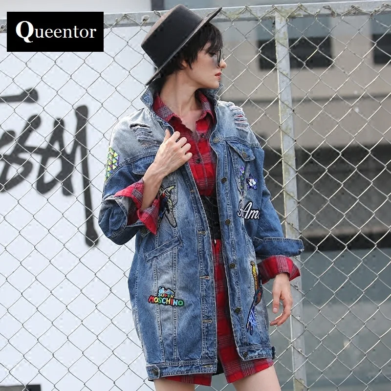 Оригинальный дизайн 2018 новый весна джинсовая куртка средней длины с вышитыми