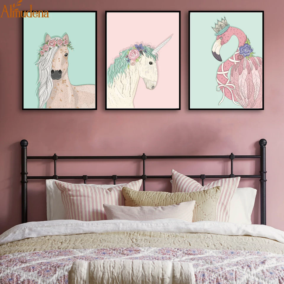 

ALMUDENA Nordic Flamingo and Horse Wall Art Canvas Painting A4 Poster Wall Pictures For Living Room Modern Home Decor No Frame
