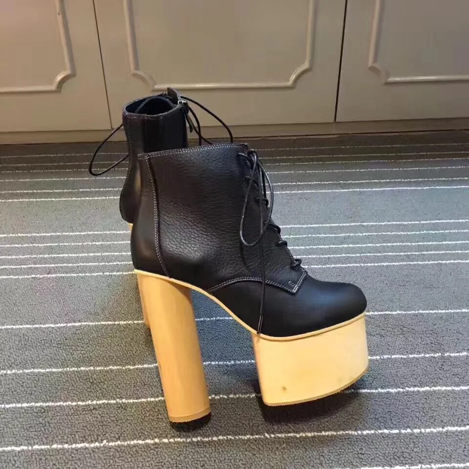 Женские ботильоны на платформе черные кожаные зимние botas mujer Кружево до мотоцикла botines 14 см Вуди женская обувь на высоком каблуке botines