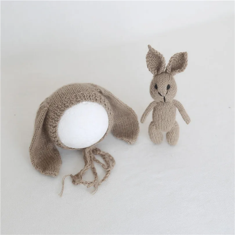 Newborn Pastel Pink Bonnet Toy Set Crochet Baby Girl Long Fluffy Bunny Hat Knitted Easter Rabbit Doll Christmas Gift | Детская одежда и