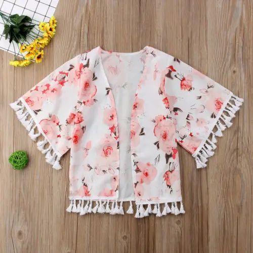 Кардиган-кимоно с цветочным рисунком для маленьких девочек накидка кисточками