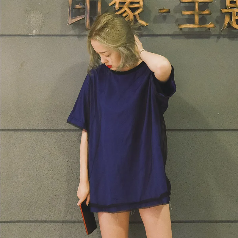 Синий Woherb, корейский стиль, Длинная женская рубашка, Harajuku, сетчатый топ, марля, пэчворк,, летние топы, футболка, женская уличная одежда, 21055 - Цвет: Синий
