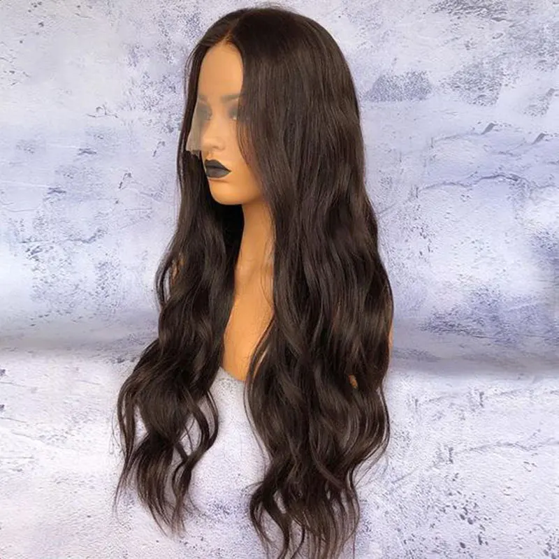 Bombshell Dark Brown Nautral Wave Hand Tied Synthetic Lace Front Wig Glueless Heat Resistant Fiber Natural Hairline For Women