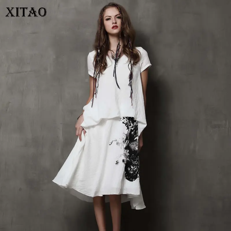 [XITAO] корейская мода новинка 2019 женское летнее Свободное платье с v-образным