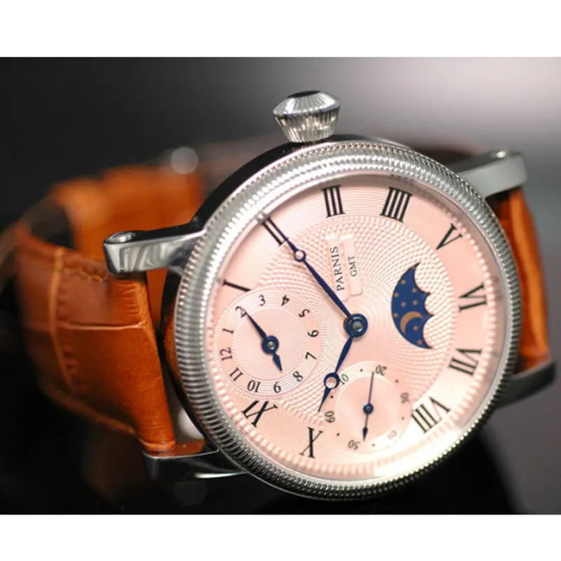 42 мм parnis розовый циферблат SS чехол gmt Moon Phase кожаный ремешок с ручным заводом