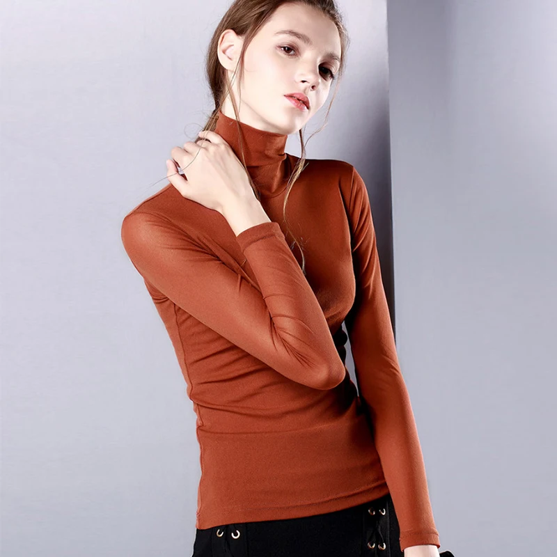 Футболка для женщин водолазка прозрачный с длинным рукавом нейлон slim fit сетчатый
