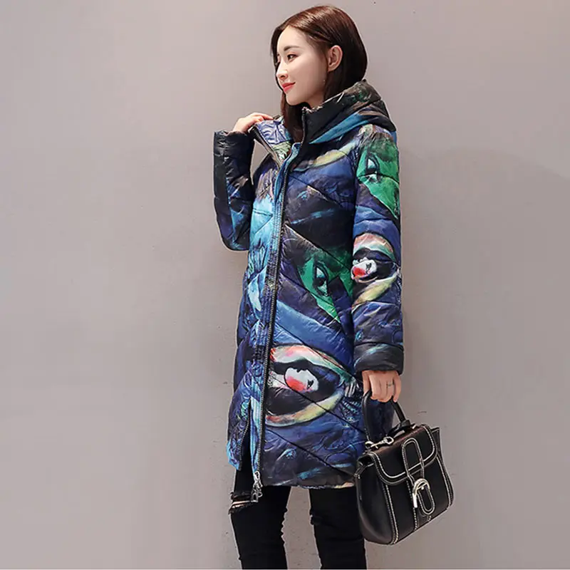 Navy blue Утолщенная зимняя пуховая хлопковая куртка с капюшоном в украинском стиле, женское длинное пальто, новинка, плюс размер, пальто с подкладкой, Повседневная Женская парка 402 - Цвет: Navy blue