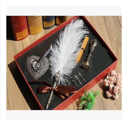 ostrich feather Подарочная коробка винтажный металлический изогнутый натуральный набор перьевых ручек с 5 nibs, подставка для ручек, штамп, вощеная ручка для подписи в подарок - Цвет: ostrich feather
