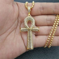 mens egyptian ankh cross pendant with stainless steel chain and iced out bling full rhinestones necklace hip hop egypt jewelry