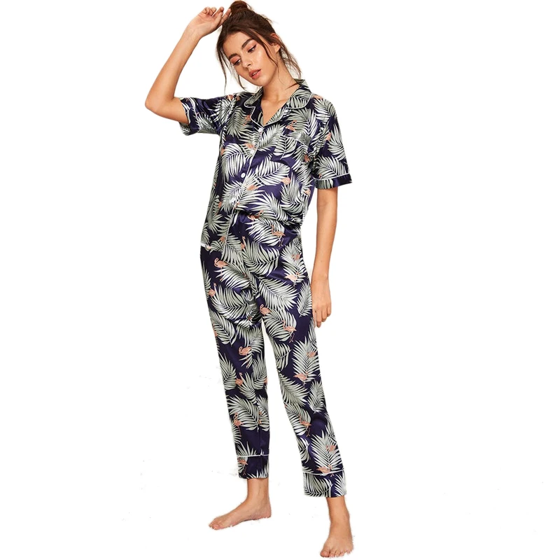 SHEIN Сатиновые весенне-летние пижамы с принтом, женская одежда, короткий рукав, длинные штаны, одежда для сна, повседневный комплект свободных пижам для дам