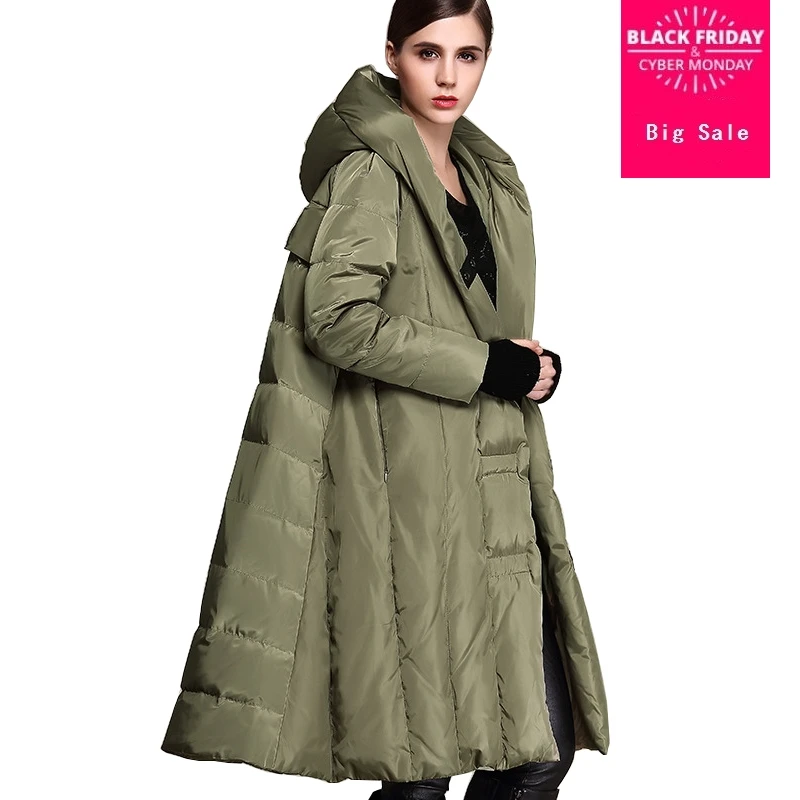 

Winter Plus size 90% duck down coat fashion brand hooded cloak style long down jacket women's loose thicker warm coat wj1307
