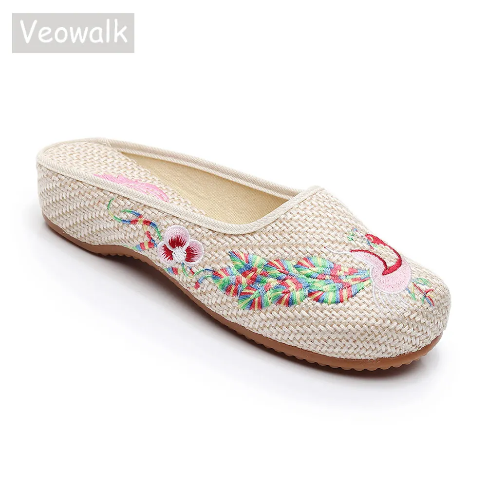 Veowalk женские льняные хлопковые тапочки с вышивкой журавль закрытым носком