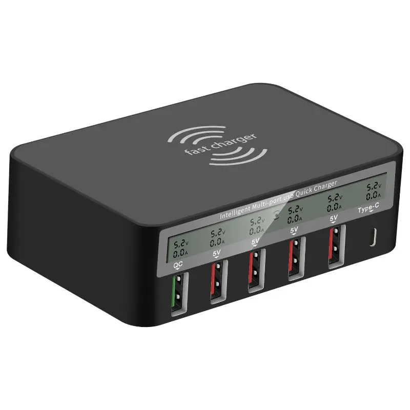 Универсальное беспроводное зарядное устройство 7 в 1 type C Qi 5x USB QC 3,0 Быстрая зарядка с ЖК-дисплеем напряжения тока для телефона планшета ПК