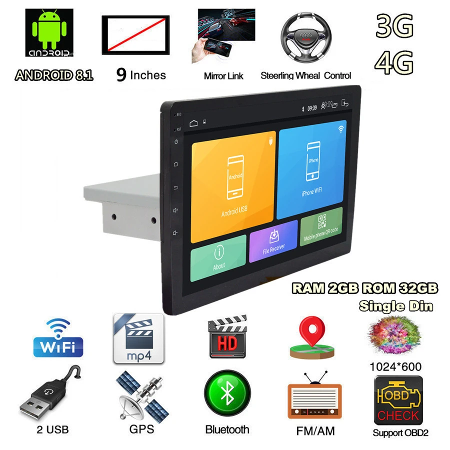 " Universal1 Din Android 8,1 сенсорный экран четырехъядерный ОЗУ 2 Гб ПЗУ 32 Гб стерео с радио, GPS, WiFi 3g 4G BT DAB Mirror Link OBD