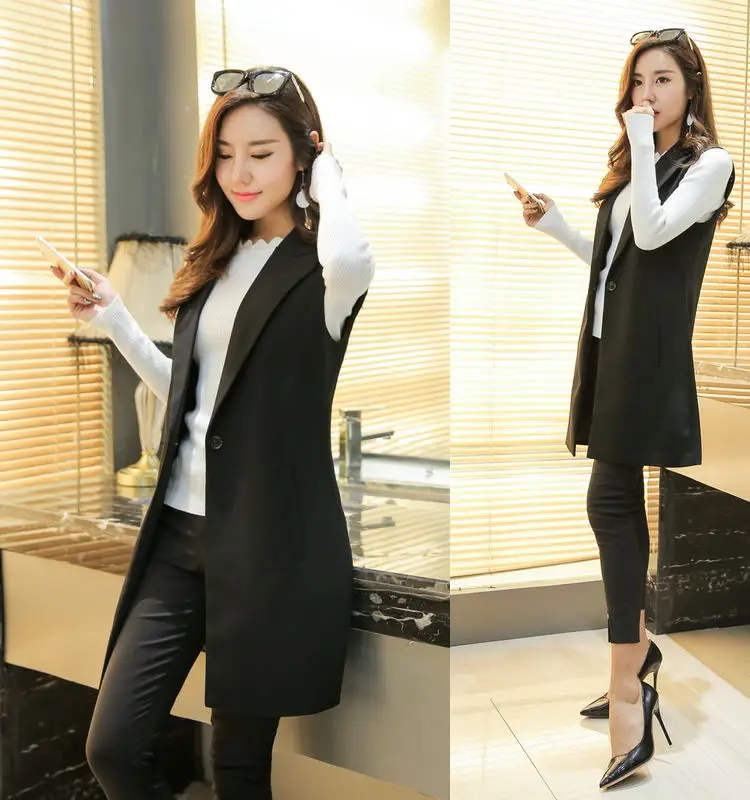 

Long section of the Spring and Autumn Korean Slim ladies sleeveless vest suit collar fashion simple wild little jacket JQ81