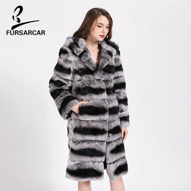 FURSARCAR натуральным кроличьего меха пальто Высокое качество 100% натуральная с мехом