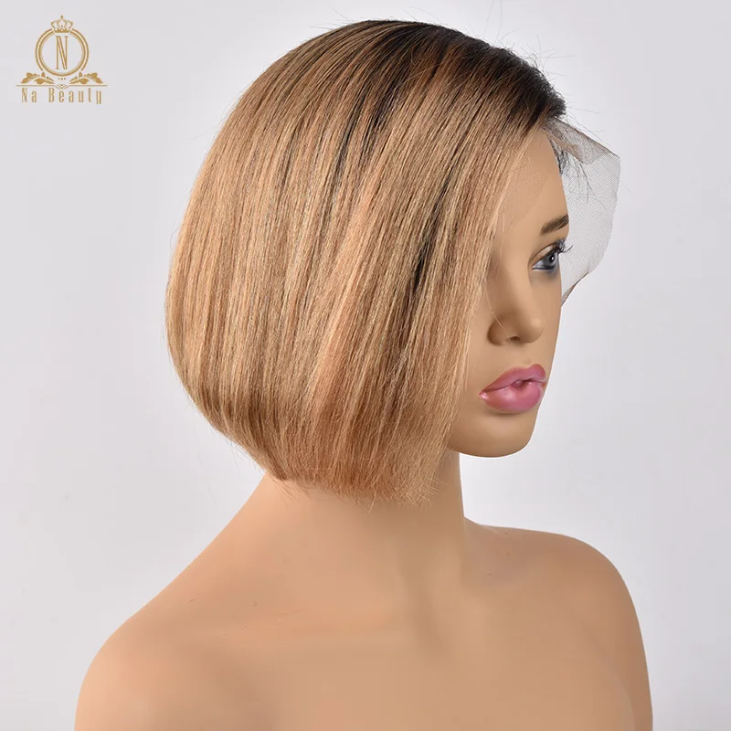 13x6 Lace Front Human Hair Short Bob Wigs Pixie Cut Ombre Color 1B 27 613 Blonde Black Straight For Women Brazilian Remy Hair