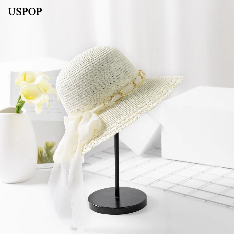 Женская Соломенная шляпка от солнца USPOP мягкая пляжная шляпа с широкими полями и