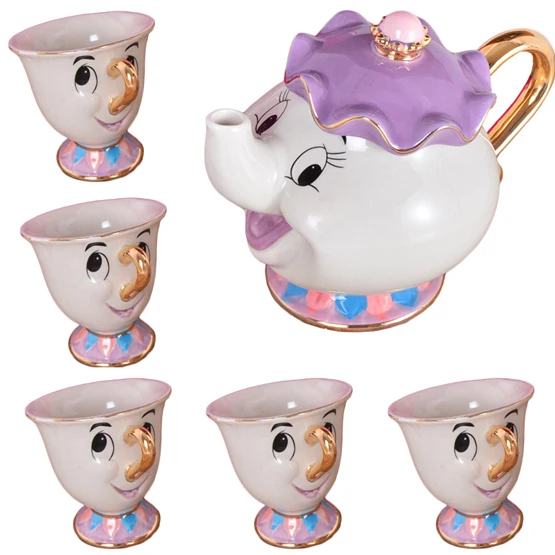 Мультяшный чайный набор "Красавица и Чудовище" Mrs Potts Chip Cup Set Sugar Bowl кружка [1 горшок+ 5 чашек] детский подарок - Цвет: 1pot 5cups