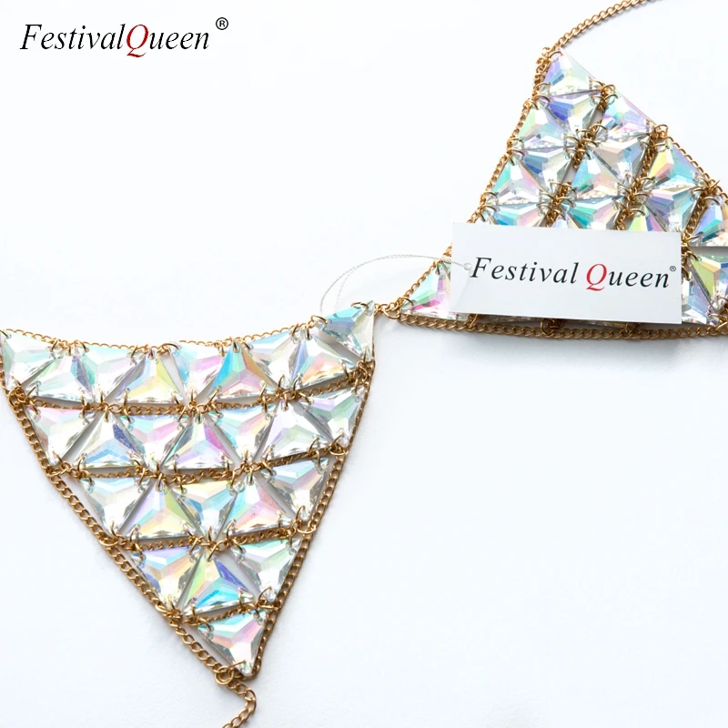 FestivalQueen, экзотический женский бюстгальтер с разноцветными камнями, хит, сексуальный, для девушек, Регулируемая металлическая цепочка, соблазнительное нижнее белье, пляжный бюстгальтер на бретельках