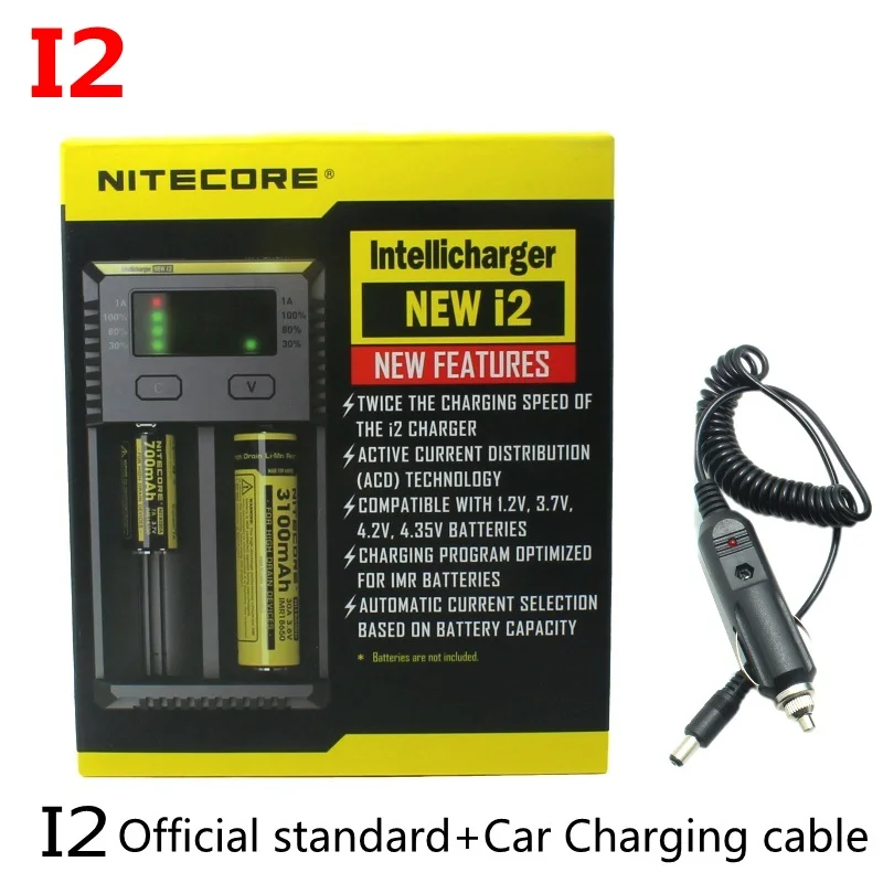 I2 with car charger Nitecore D4 D2 I4 I2 Digi зарядное устройство lcd интеллектуальная схема глобальная страховка Li-Ion 18650 14500 16340 26650 зарядное устройство - Цвет: I2 with car charger