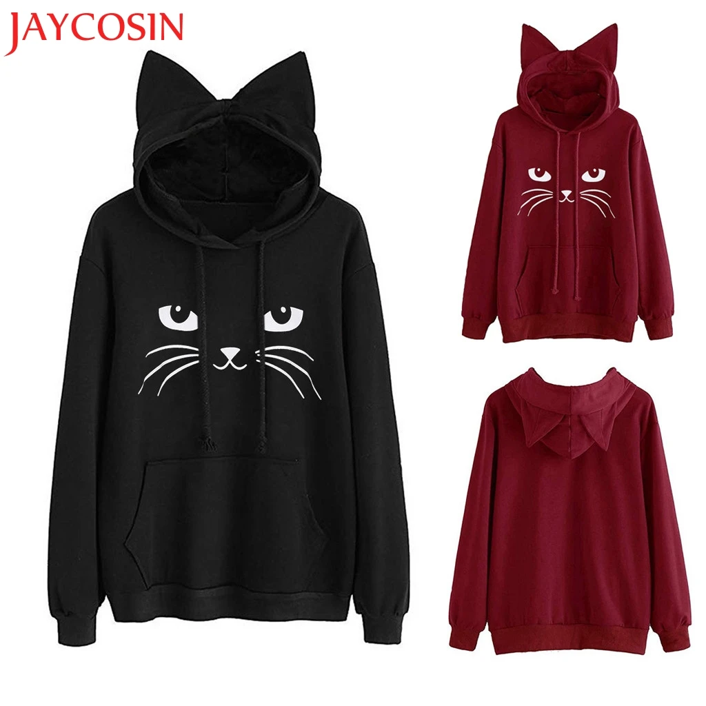JAYCOSIN Женская однотонная толстовка с длинными рукавами и кошачьими ушками