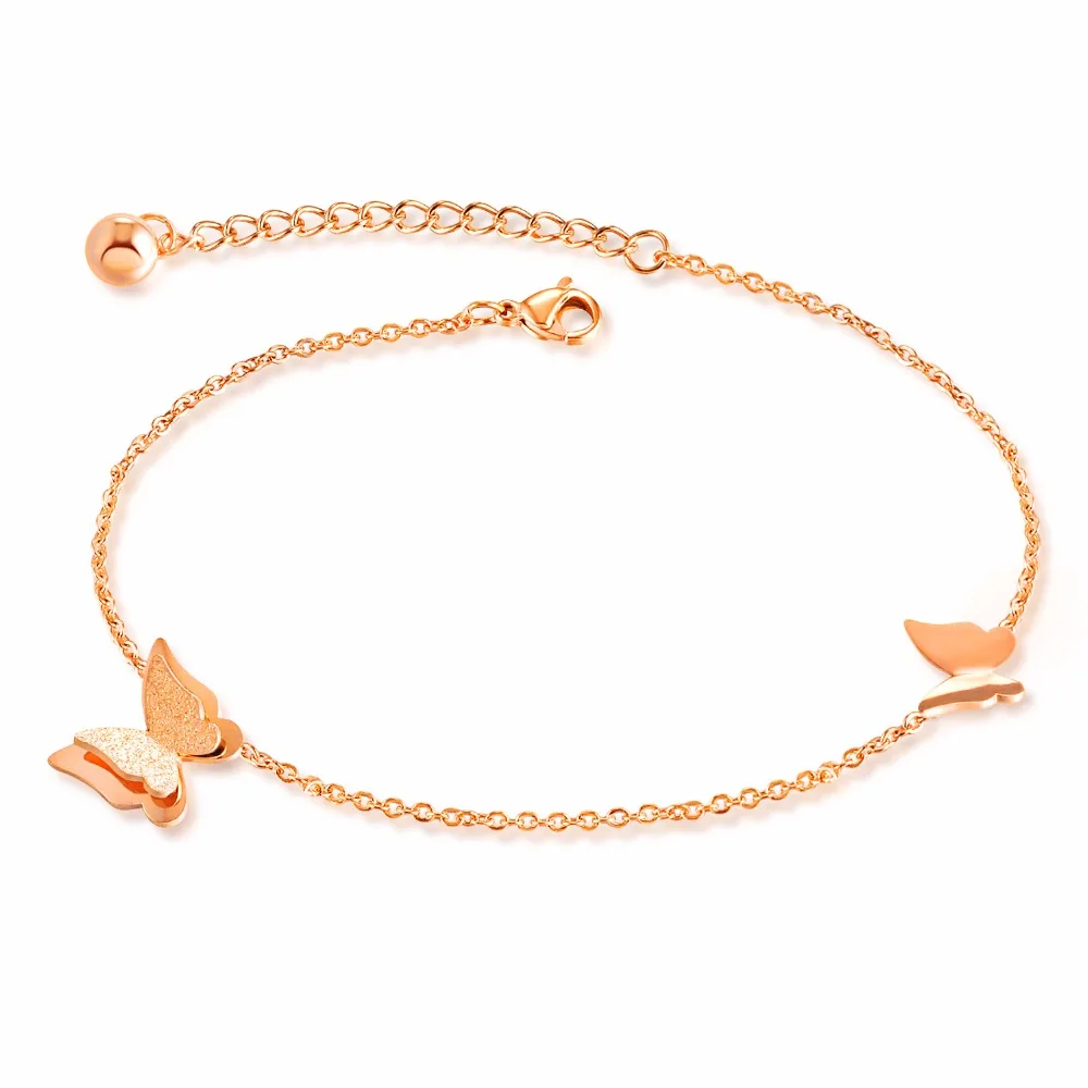 Fashion Butterfly Anklets Bracelet For Women Rose Gold Color Dull Polish Stainless Steel Ankle Jewelry Gift Length adjustable | Украшения и