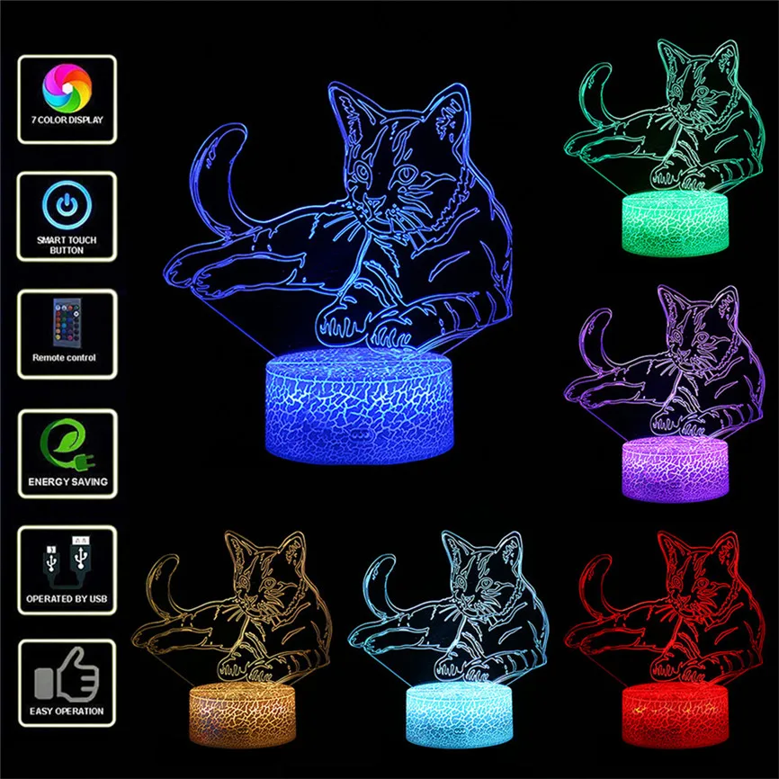 Кошка 3D ночной Светильник USB животное сменный светильник настроения светодиодный 7 цветов Иллюзия Настольная лампа с пультом дистанционного управления игрушка для домашнего декора подарок D#3