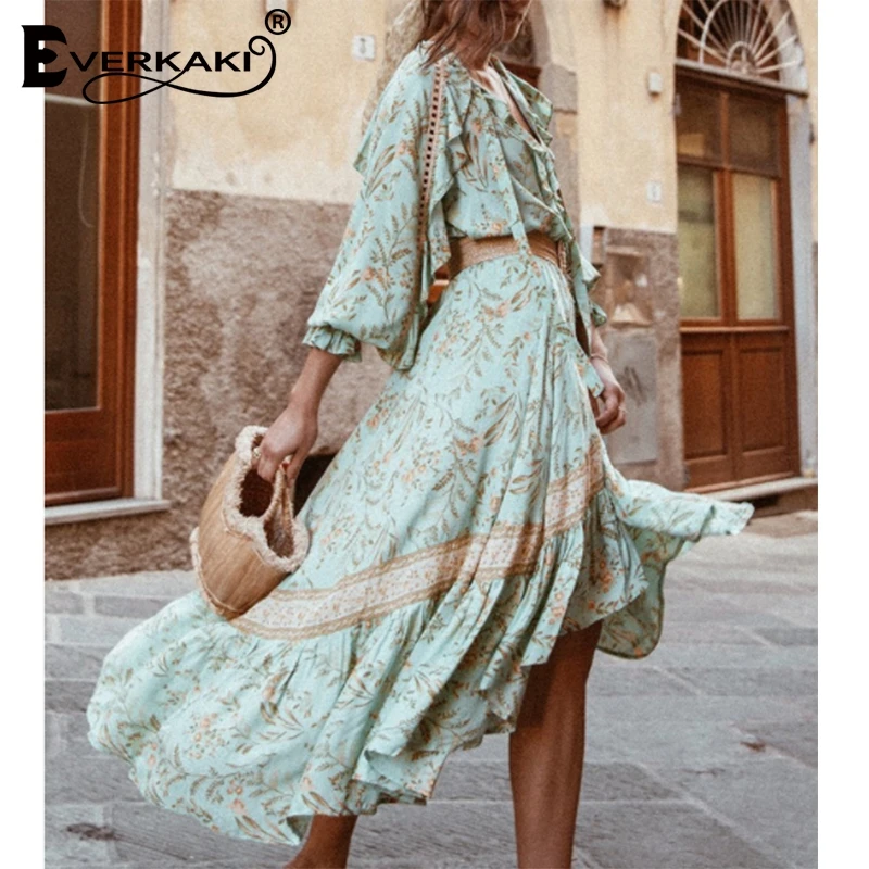 Everkaki Boho длинная юбка с цветочным принтом, Женская хлопковая юбка с эластичной резинкой на талии, богемная Женская юбка, лето-осень, новинка