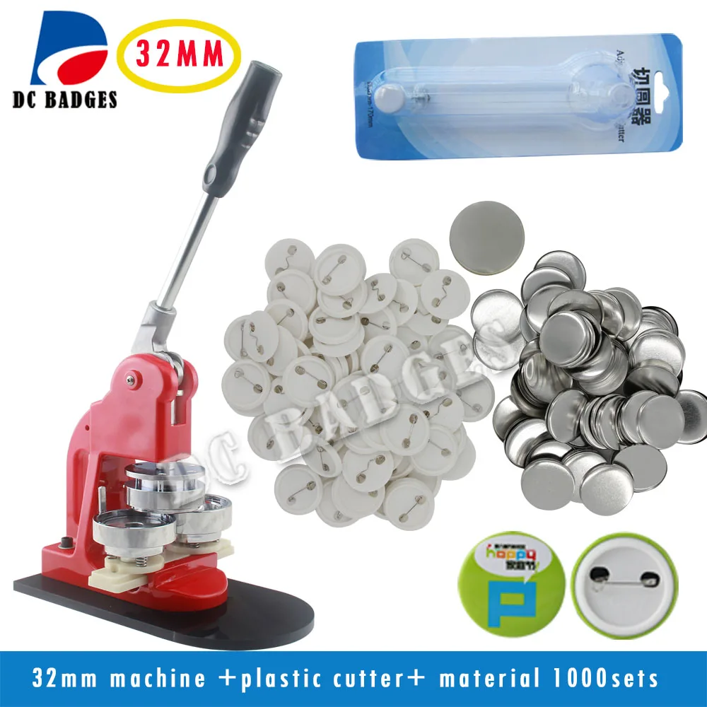 

FREE SHIPPING 1-1/4"(32mm) Badge Button Machine + Adjust Circle Cutter+1,000 Plastic Pin Badge Material