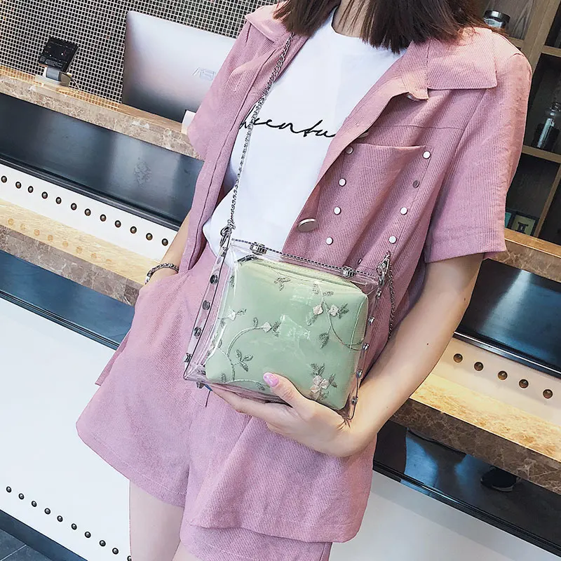 Transparent Jelly bag 2019 Summer New Quality Women's Designer Handbag Lace Flower Chain Shoulder Messenger Purses Bolsas | Багаж и