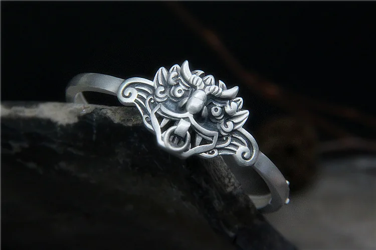 Pure Silver Jewelry Ancient Gods and Beasts Head Auxiliary Bracelet Nu Retro-archaic 990 Pepper Picture Dumpling | Украшения и