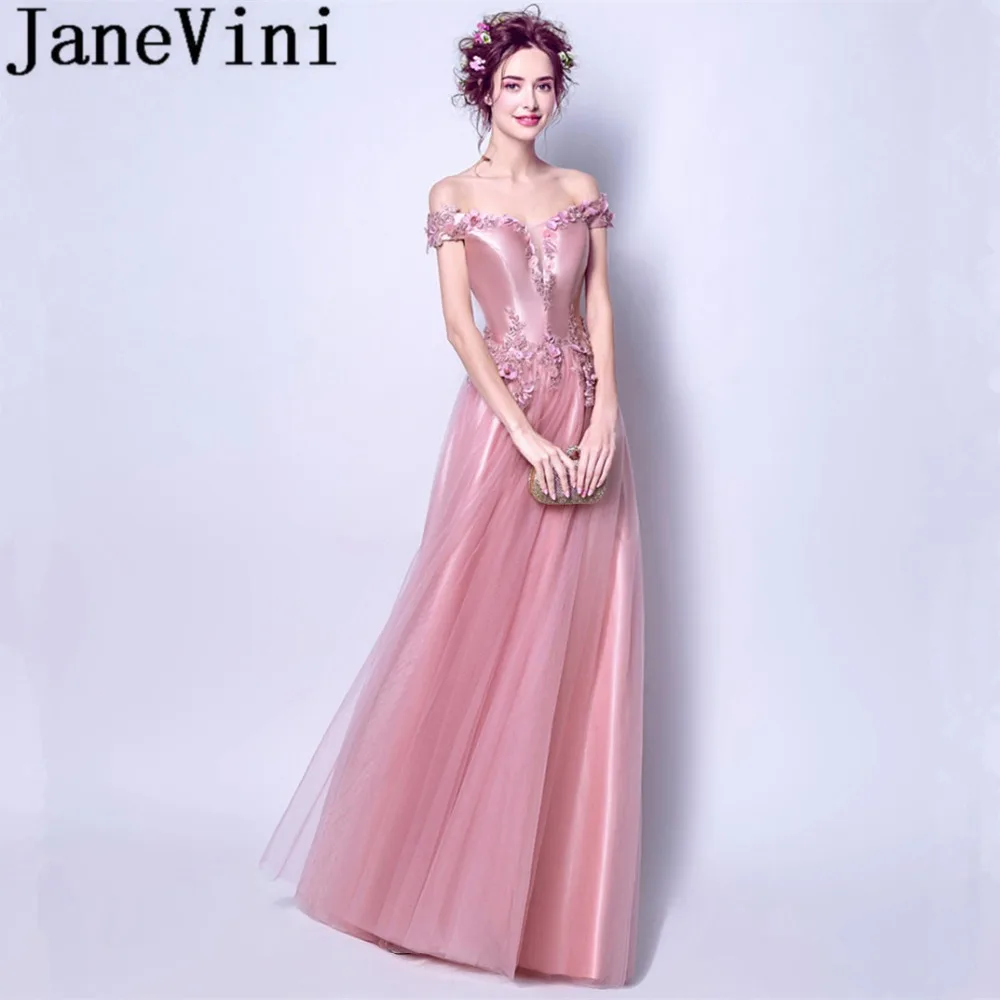 

JaneVini Beautiful Pink Long Bridesmaid Dresses A Line Sleeveless Hand Made Flowers Lace-up Back Floor Length Robe Longue Rose